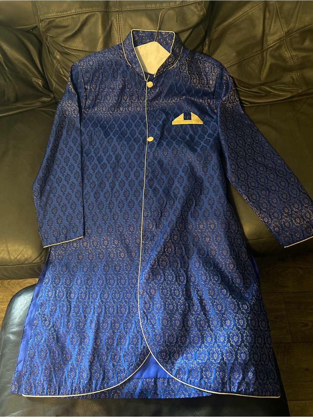 Men's Royal Blue Brocade Long Suit Jacket With Gold Trim